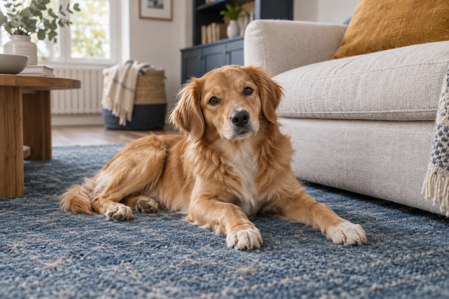 Chien installé sur un tapis près d’un canapé en tissu