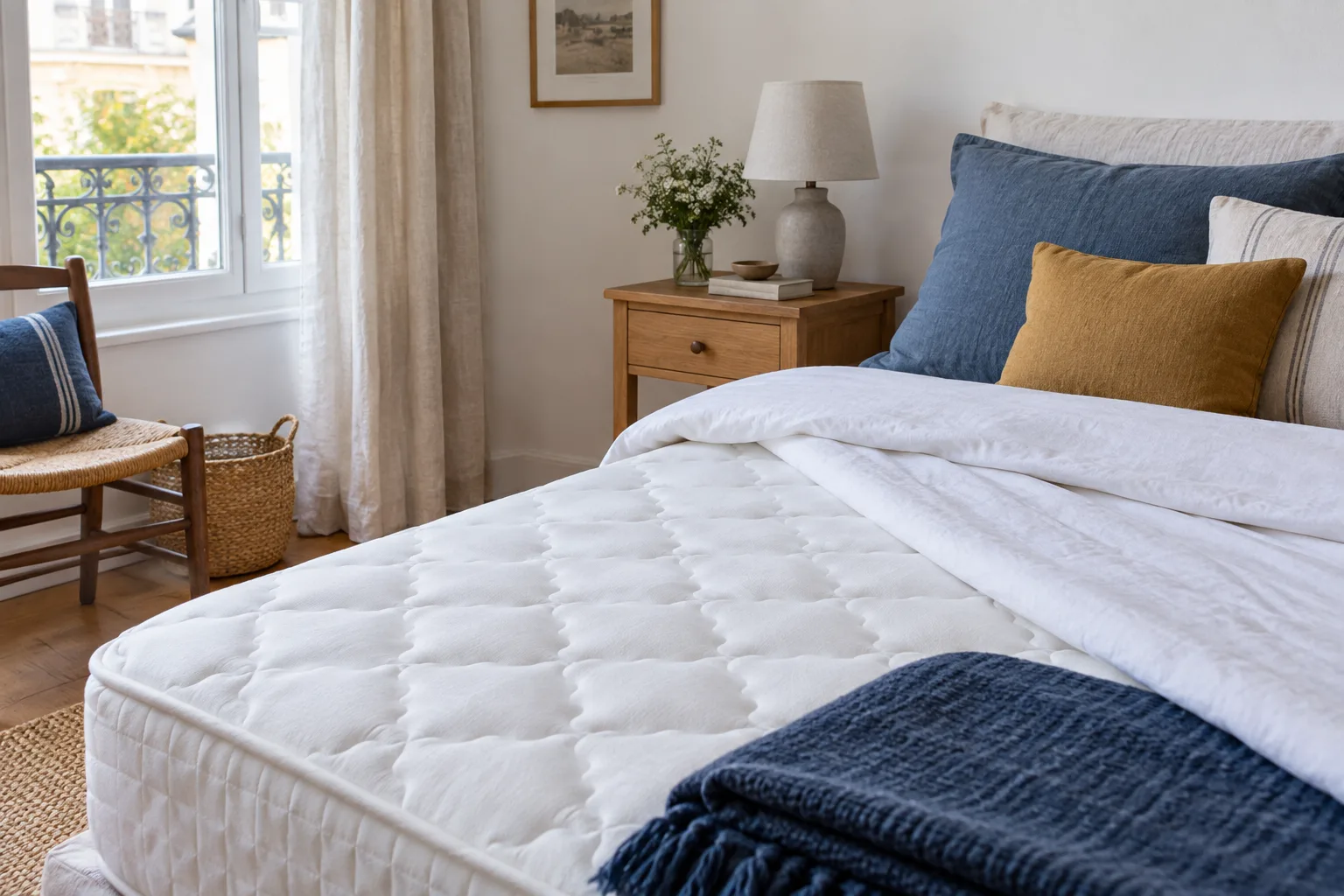 Matelas découvert et linge de lit dans une chambre lumineuse