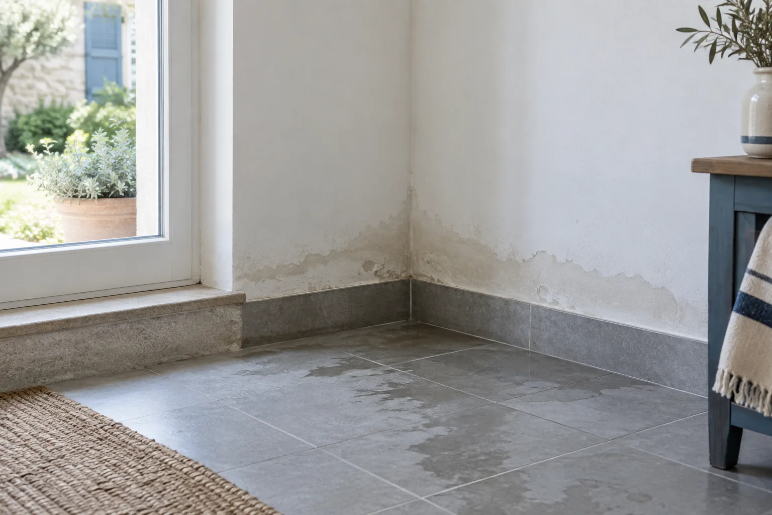 Traces d’humidité au bas d’un mur et sur un sol carrelé