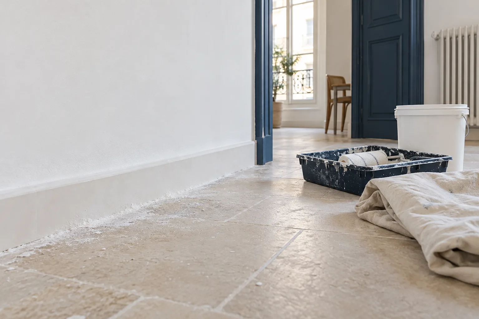 Sol carrelé à dépoussiérer après des travaux de peinture
